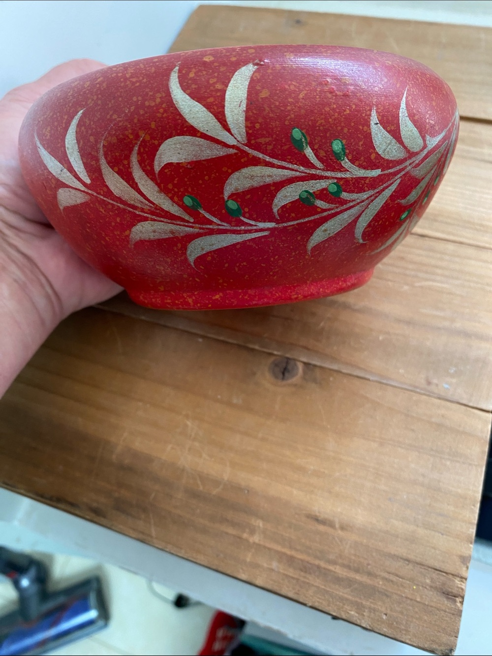 Medalta Medicine Hat Red Splatter Bowl With Gold Green branch Christmas ?